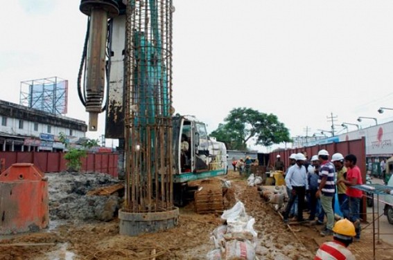 Flyover construction work on track, pillaring underway Flyover construction work on track, pillaring underway